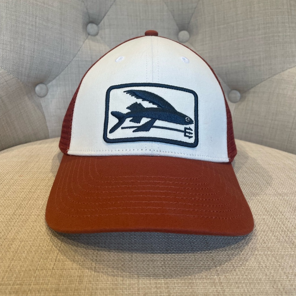 Red and White Trucker Hat with Fish Logo